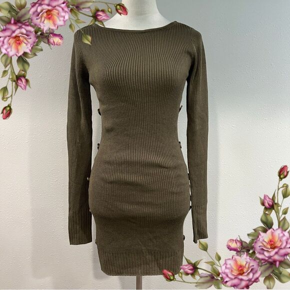 Lulu's olive Green Ribbed Long Sleeve Bodycon Dress size small - Picture 1 of 11